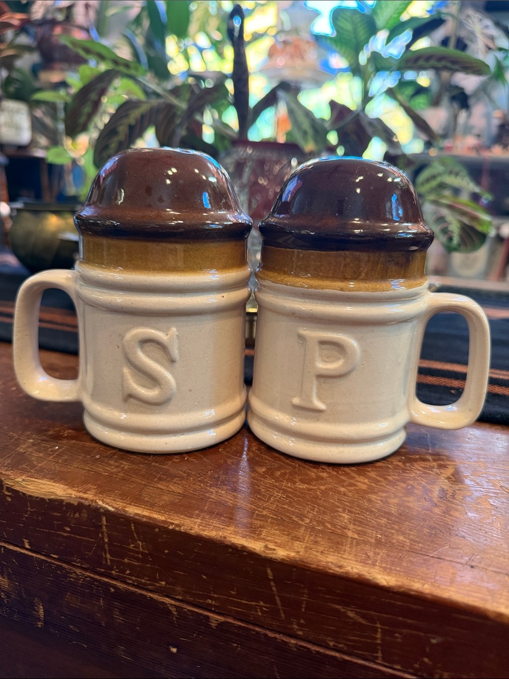 Large Stoneware Salt & Pepper Shakers - Brown Top, Cream Base